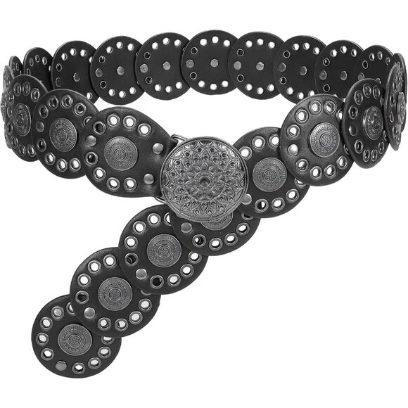 Women Vintage Disc Waist Belts Concho Leather Belts Boho Waist Belt Black Buckle - Picture 1 of 7